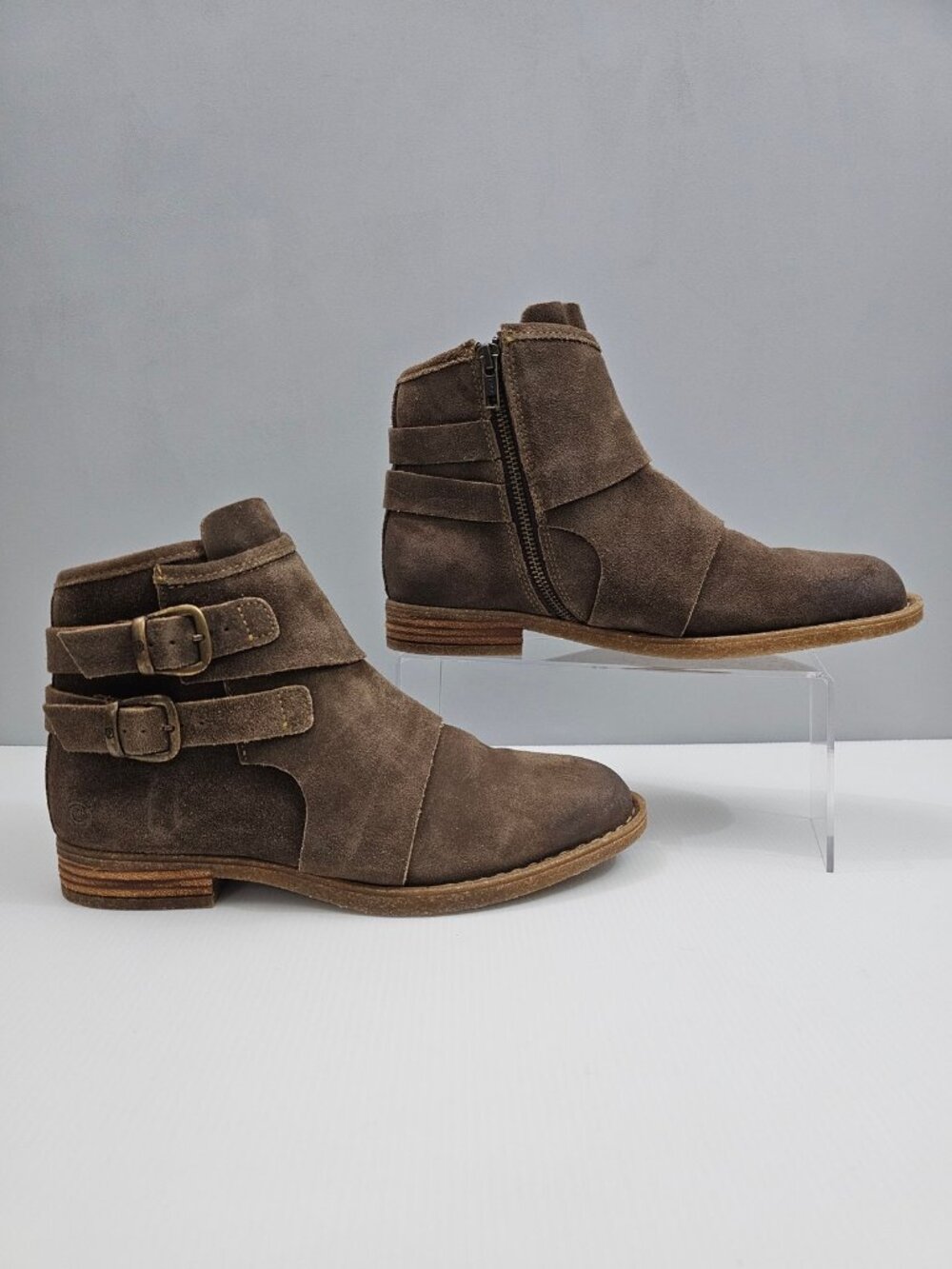 Born Moraga Moto Ankle Boot Size 9.5 Taupe Brown Distressed Suede Western Buckle - Picture 3 of 15